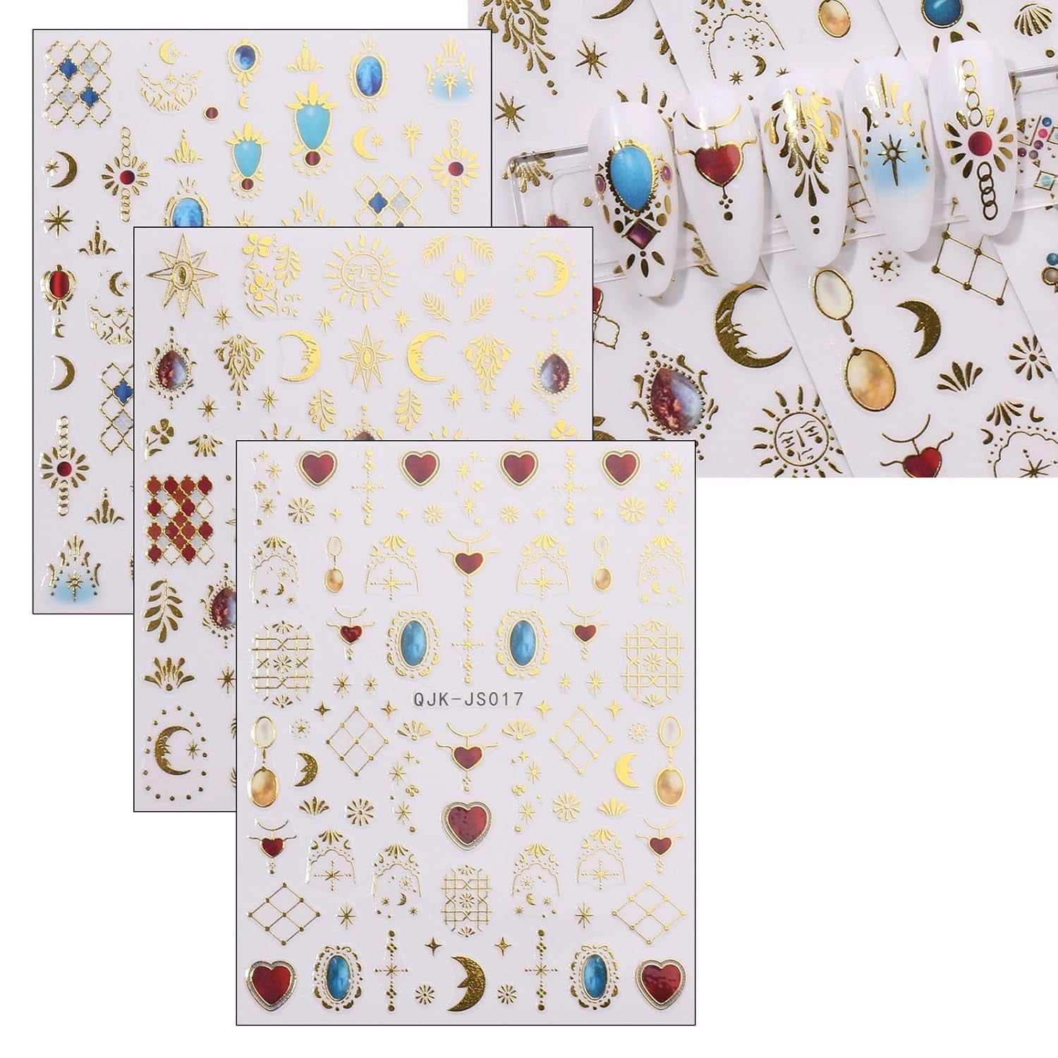 JMEOWIO Nagelsticker Herz Mond Stern 9 Blatt Nail Art Sticker Selbstklebend Nagelaufkleber Bunt Dekoration Nageldesign Zubehör