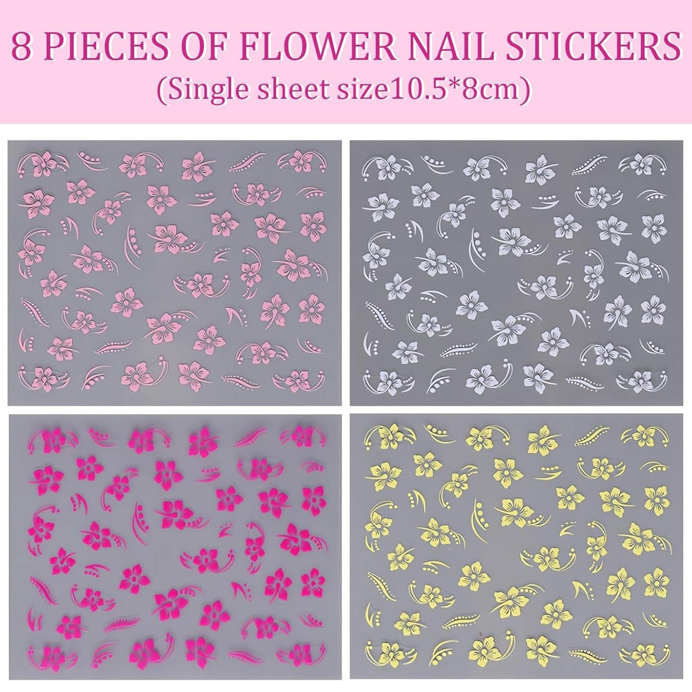 8 Stück Hibiskus Nagelsticker, 3D Selbstklebende Blumen Nagelaufkleber, Weiß Rosa Gelb Magenta Sommer Neonail Sticker, Nail Art Zubehör Nagel Deko Für Frauen