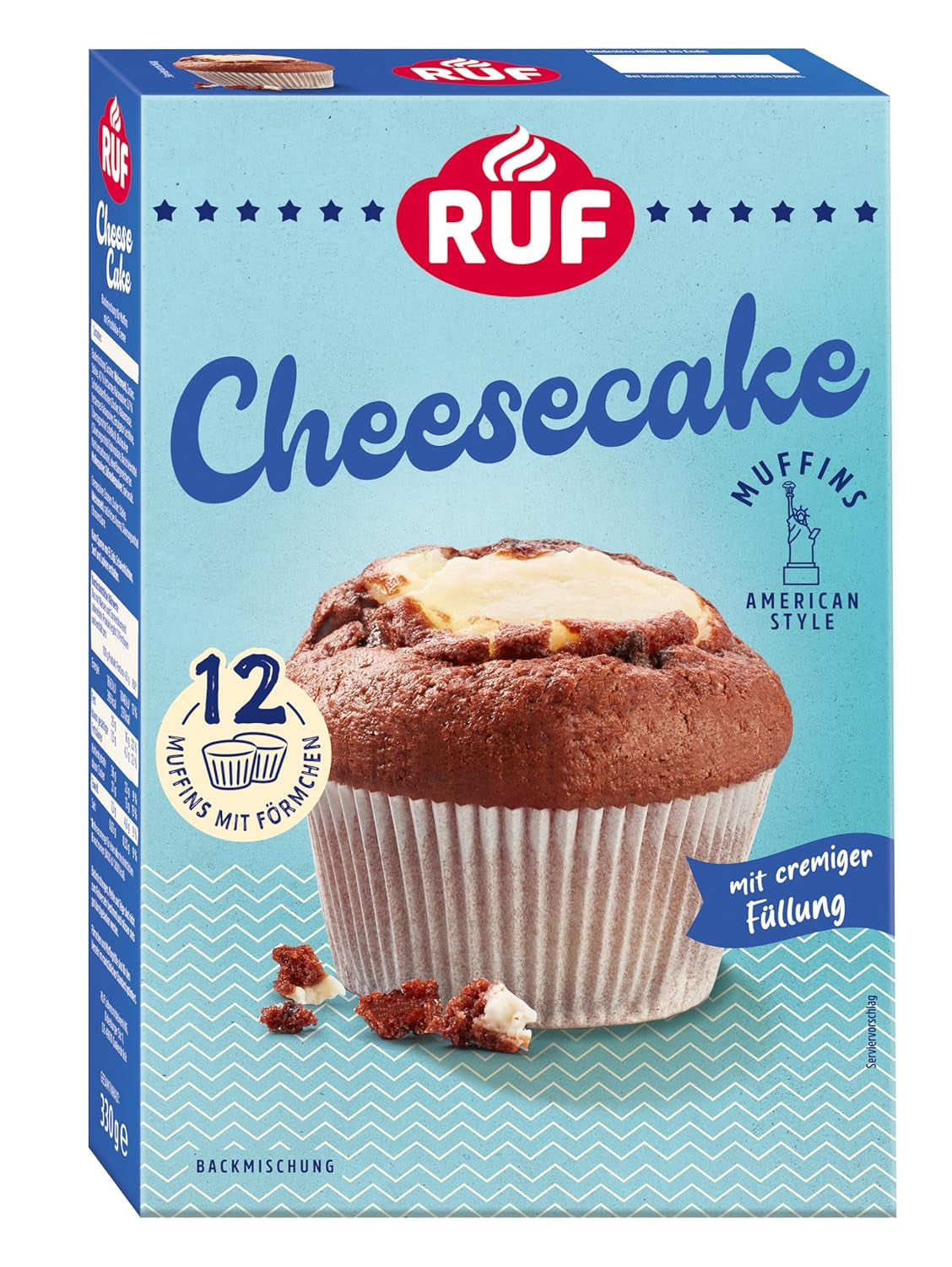RUF Sernik-Muffiny Backmischung, Muffiny w stylu amerykańskim Mit Cremiger Füllung, Einfache Zubereitung, 12 Muffin-Förmchen Inklusive Naty Shop Sernik 330 G (opakowanie 1Er)