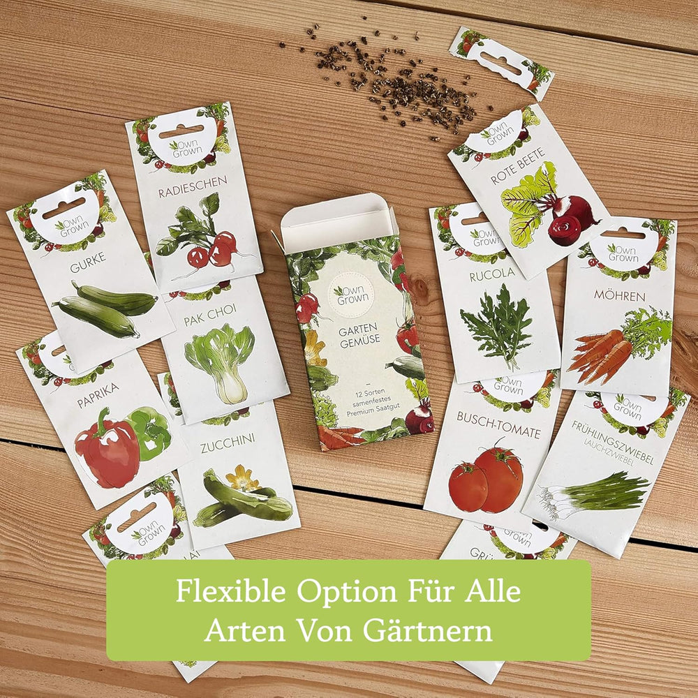 Zestaw nasion warzyw OwnGrown - 12 Pflanzensemen Sorten für Hochbeet und Garten - Praktische Box mit Gemüsesamen für den Anbau Frischer Ernte zu Hause - Ideal für Gartenliebhaber