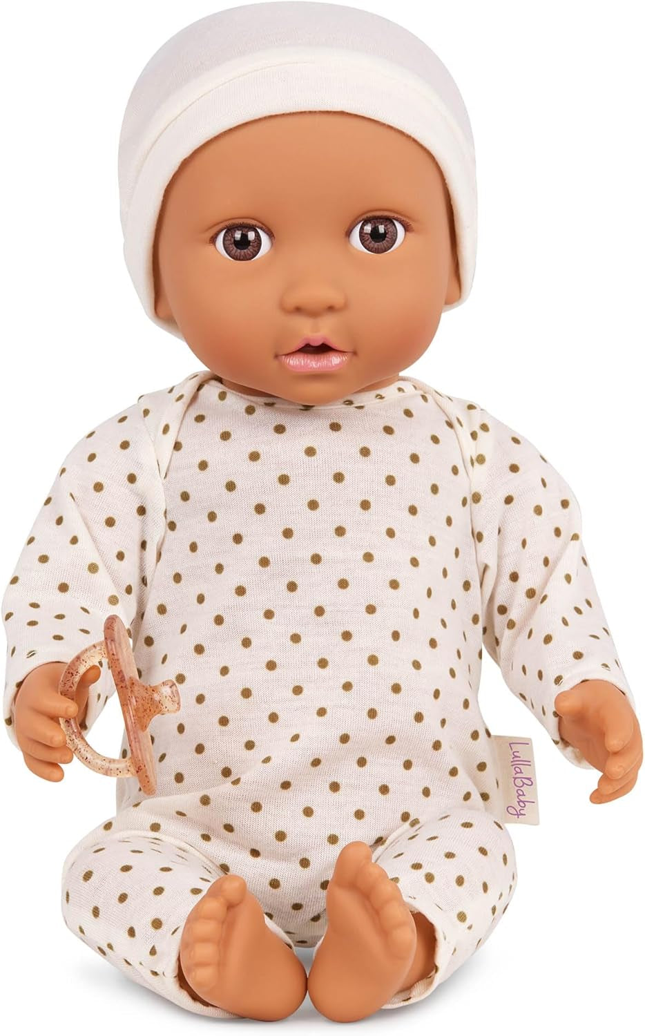 LullaBaby - Baby Puppe - Einteiler & Mütze - 36 cm Realistyczny Baby-Puppe - Orzech laskowy, brązowe oczy i miękkie ciało - Romper i Schnuller-Zubehör - Udawaj zabawę - Kinder 2 Jahre +