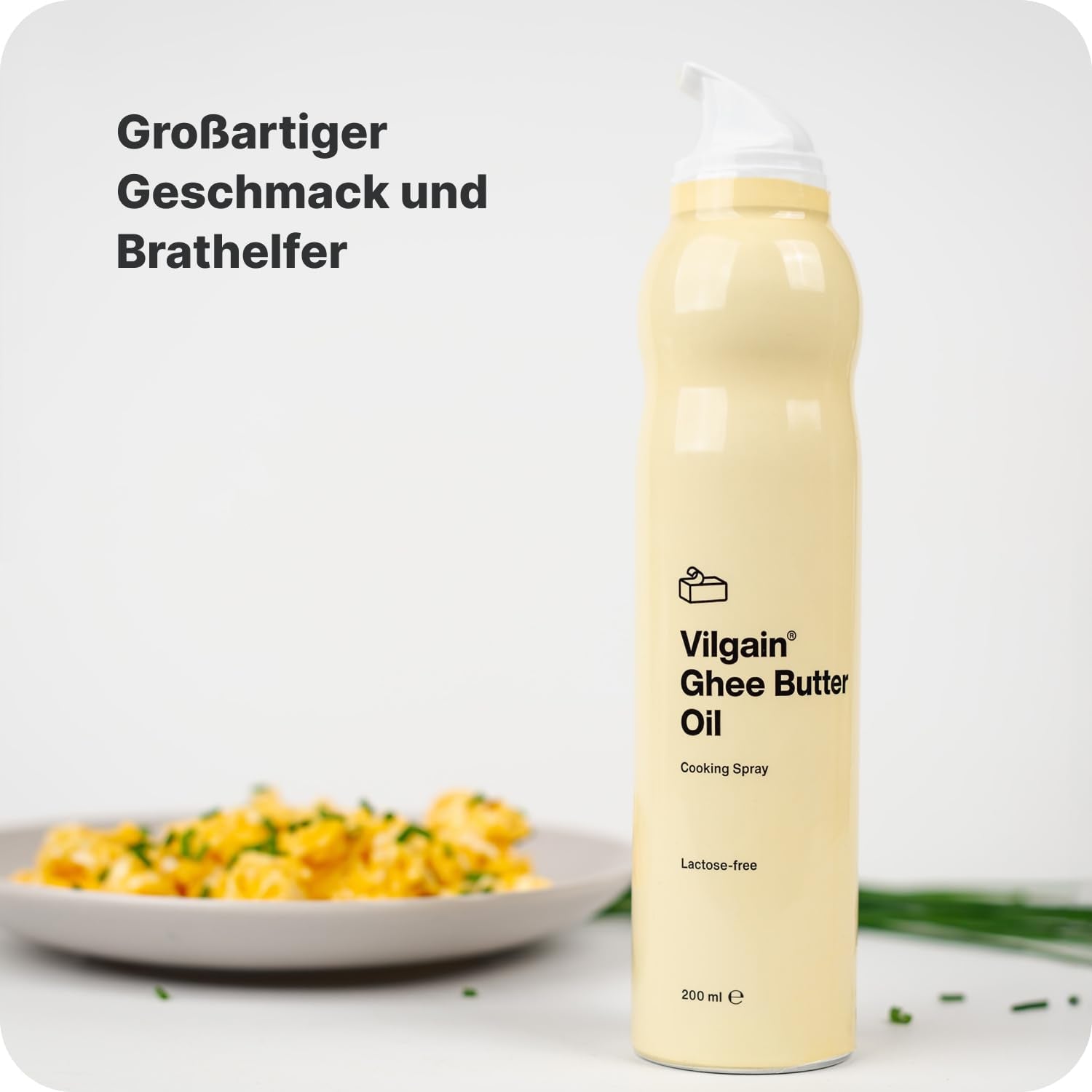 Vilgain Ghee Spray z awokadoölem | Bez laktozy, zum Kochen & Backen | Rauchpunkt 195°C, herzgesund, BRC-zertifiziert | Idealny dla osób wrażliwych na laktozę Geschmacks-Harmonie, 200ml