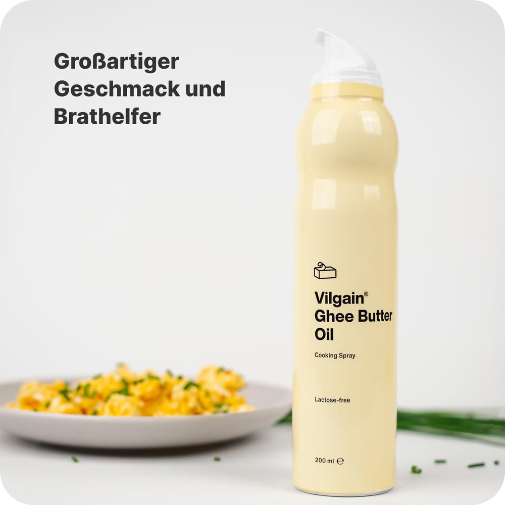 Vilgain Ghee Spray z awokadoölem | Bez laktozy, zum Kochen & Backen | Rauchpunkt 195°C, herzgesund, BRC-zertifiziert | Idealny dla osób wrażliwych na laktozę Geschmacks-Harmonie, 200ml