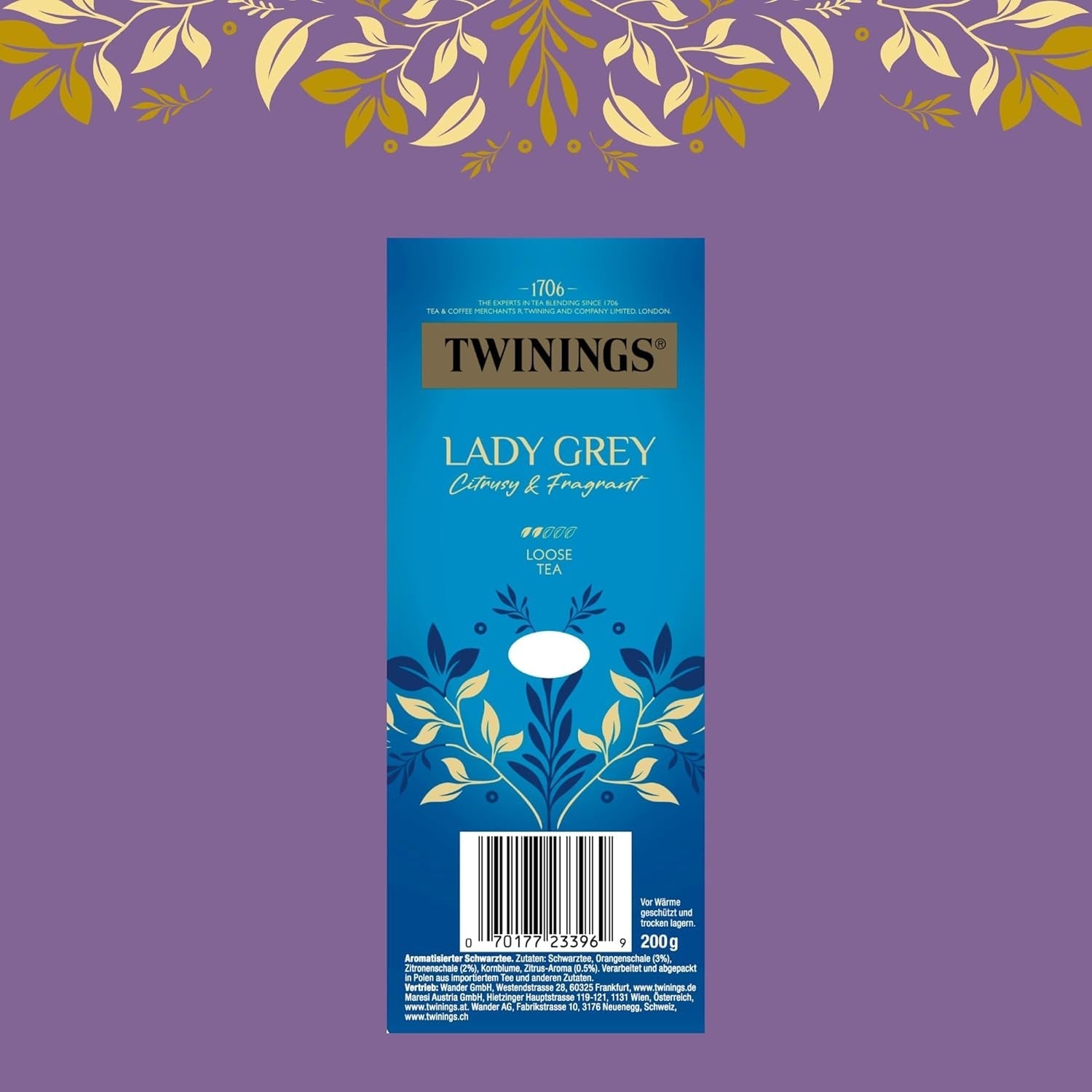 Ceai negru Twinings LADY GREY vrac în cutie de ceai – ceai negru, amestec de soiuri de ceai chinezesc cu coajă de portocală și lămâie, completat cu aromă de bergamotă (200 g)