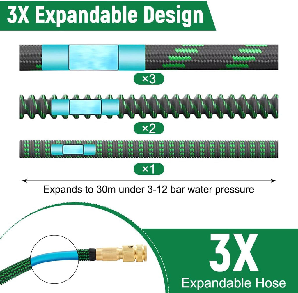 Furtun flexibil de grădină 30m/100ft verde, cu duză de pulverizare și conectori din alamă de 3/4" și 1/2", furtun de apă extensibil cu 10 funcții, extensibil de 3 ori, fără îndoituri, pentru grădină, podea, terasă, mașină
