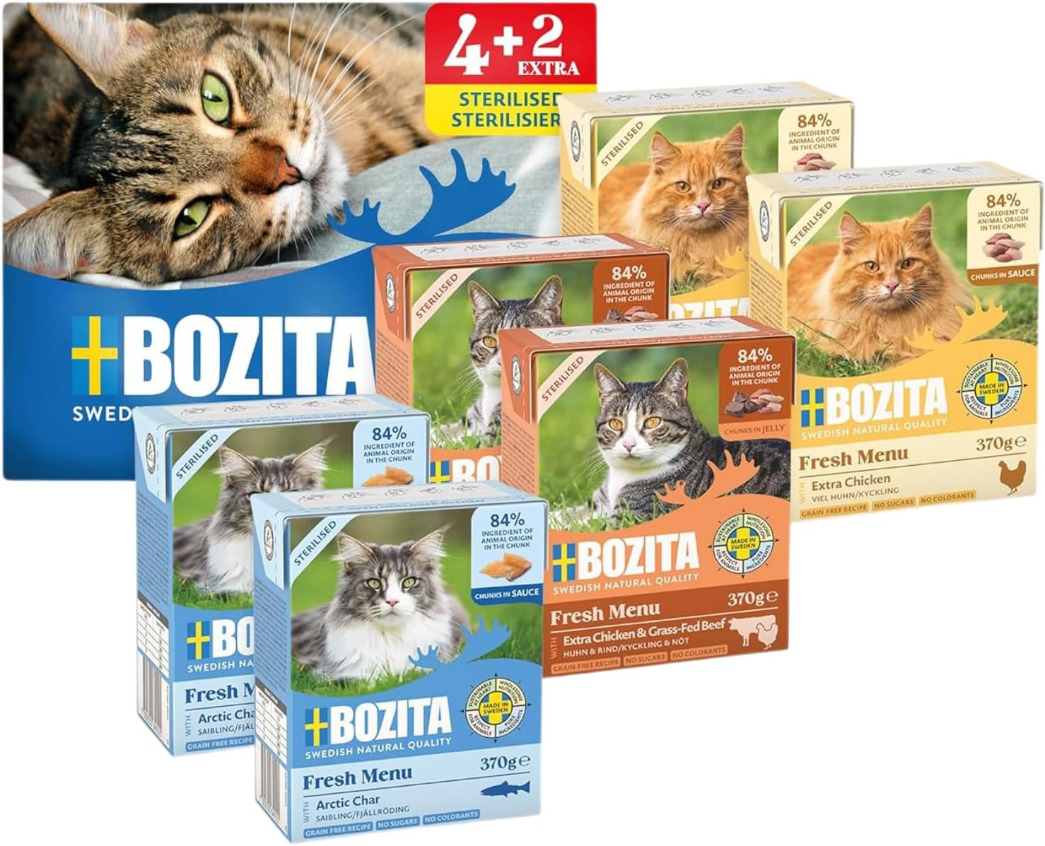 Pachet de probă Bozita Tetra în sos cu mult pui, cărbune și mult pui și vită în jeleu - 4+2-6x370g Hrană fără cereale și zahăr pentru pisici sterilizate, cu 7,5% proteine și 5% grăsimi