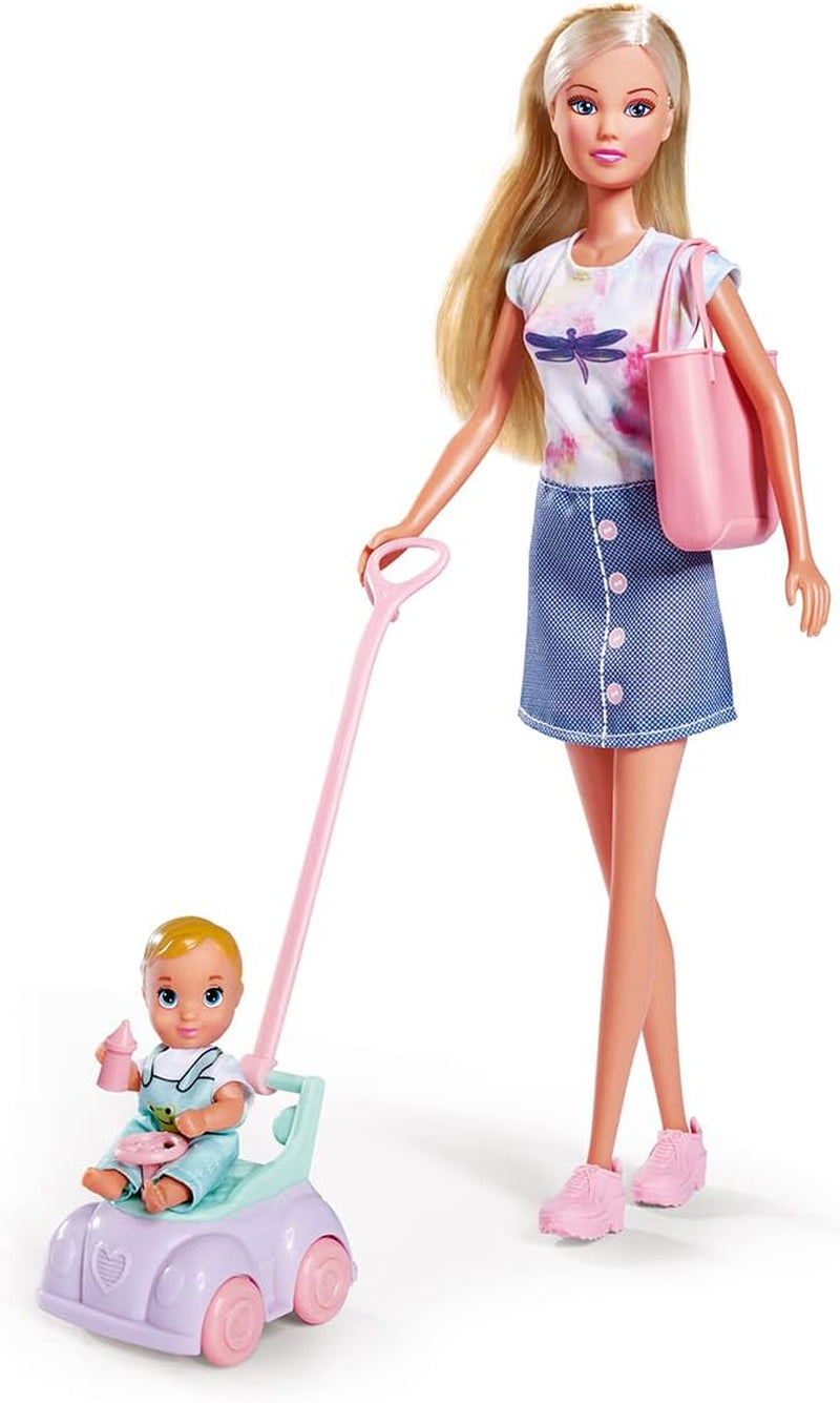 Simba 105733585 - Steffi Love Baby Car, Ankleidepuppe mit Kind, Laufauto, 2-in-1 Funktion, mit Handtasche and Babyzubehör, 12 Teile, 29cm Puppe, ab 3 Jahren