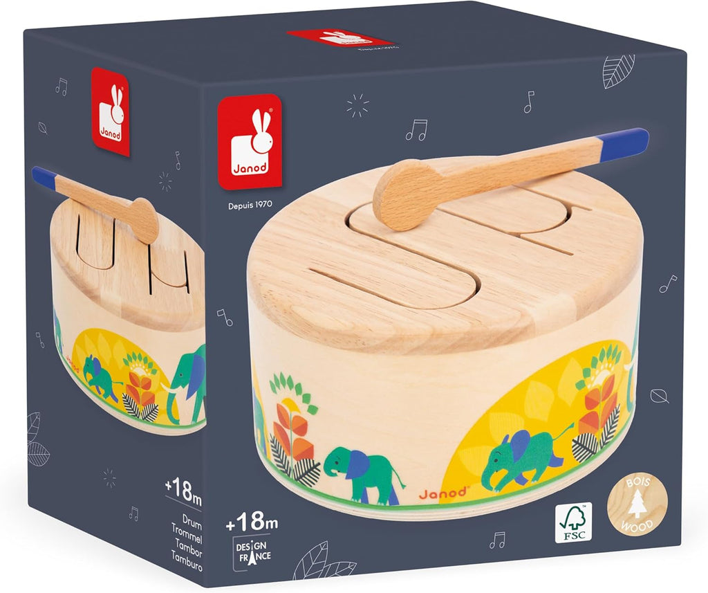 Janod - Tobă Gioia - Tobă din lemn FSC + tobă - Joc de rol și educație muzicală timpurie - Acuarelă - De la 18 luni, J07650 Jucarii Bebe Naty Shop