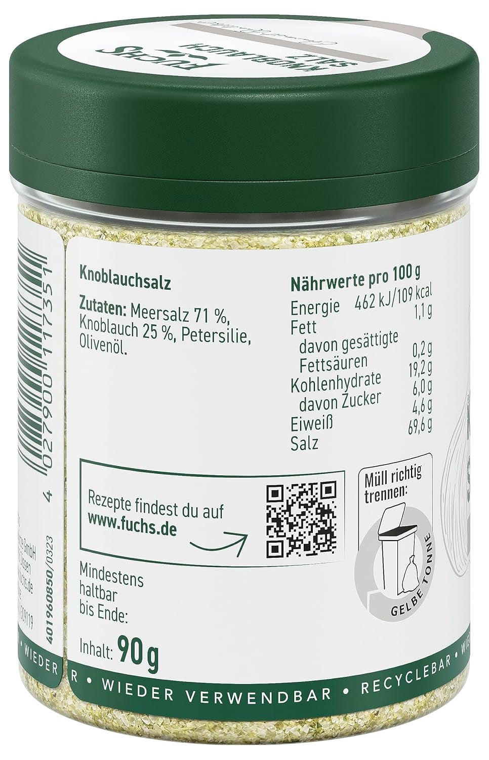 Fuchs Gewürze - Knoblauchsalz - Gewürzsalz für Dips, Saucen und Gemüse - naturalne składniki - 90 g w wiederverwendbarer, recyclebarer Dawka