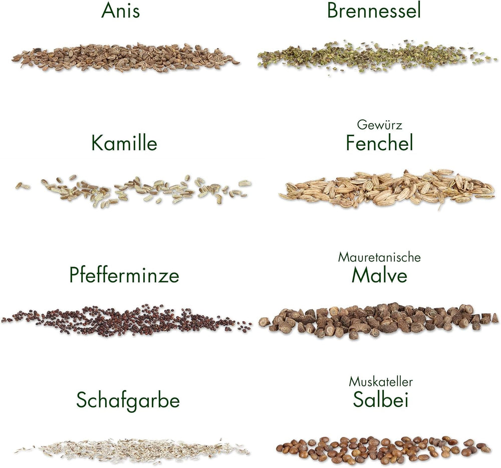 Zestaw nasion herbaty: 8 odmian nasion na balkon i do ogrodu - mięta, rumianek, anyż, pokrzywa, malwa - nasiona roślin - herbata - pudełko na herbatę - Rośliny OwnGrown