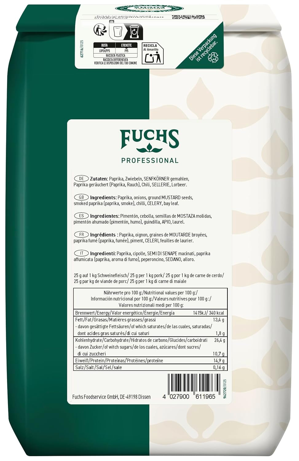 Fuchs Professional - Schaschlik Gewürzmischung | Zum Würzen/Marinieren von gebratenem oder gegrillten Fleisch | Profi-Qualität für Großverbraucher | Worek 1 kg nadający się do recyklingu