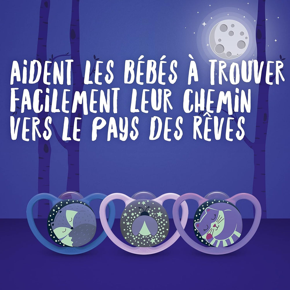 Suzete NUK Space Night | 6-18 luni | Suzete cu fante de ventilație extra-mari, strălucesc în întuneric | Silicon fără BPA | Vulpe și Buburuză | Pachet de 2