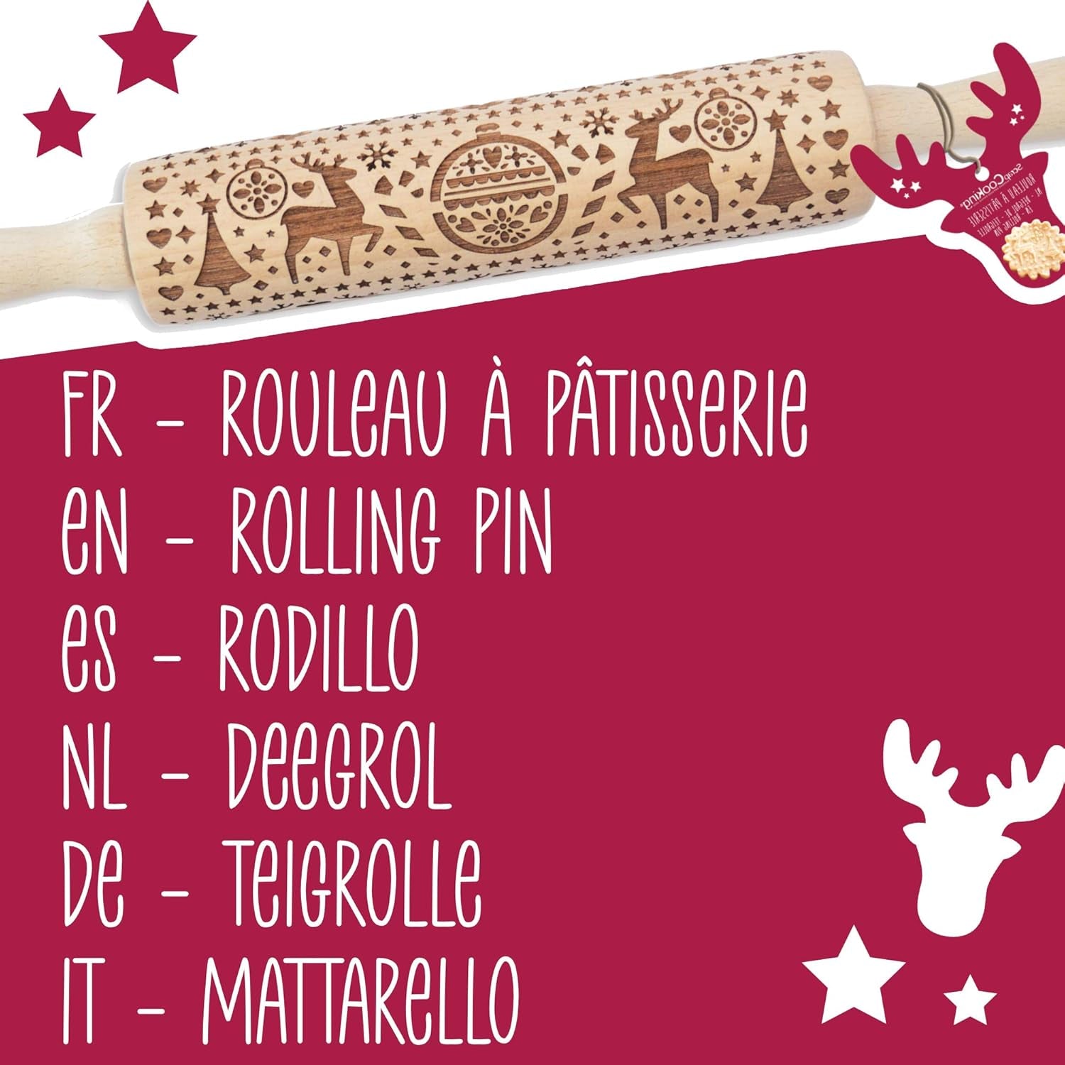 Scrap Cooking Teigrolle aus Holz „Xmas” mit weihnachtlichen Motiven – Prägerolle mit gepfragten Verzierungen für Kekse – dekoracyjny Zubehör – 5242