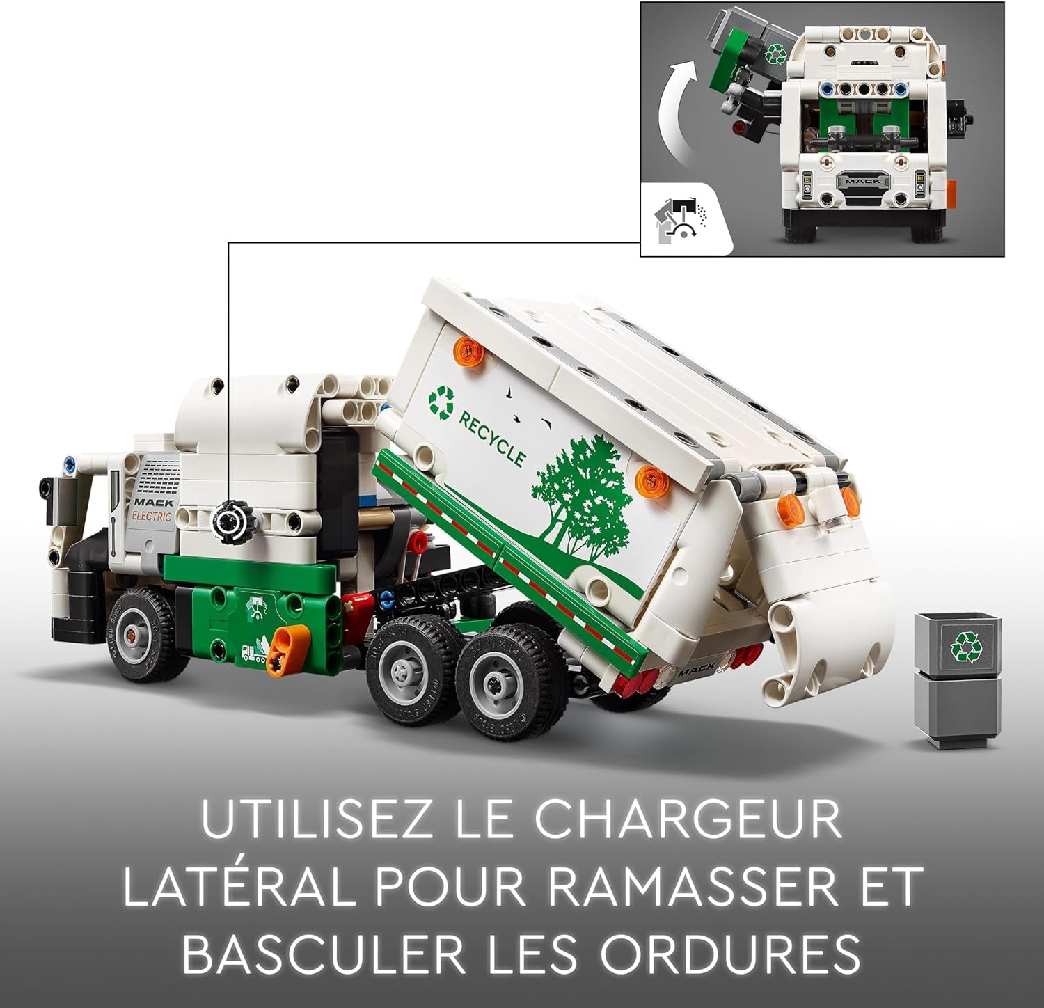 Autobasculantă electrică LEGO Technic Mack LR, model de autobasculantă pentru jocuri de rol de reciclare & Buldozer Technic Heavy Duty, buldozer de jucărie de construit Seturi de constructie Besuche den LEGO-Store