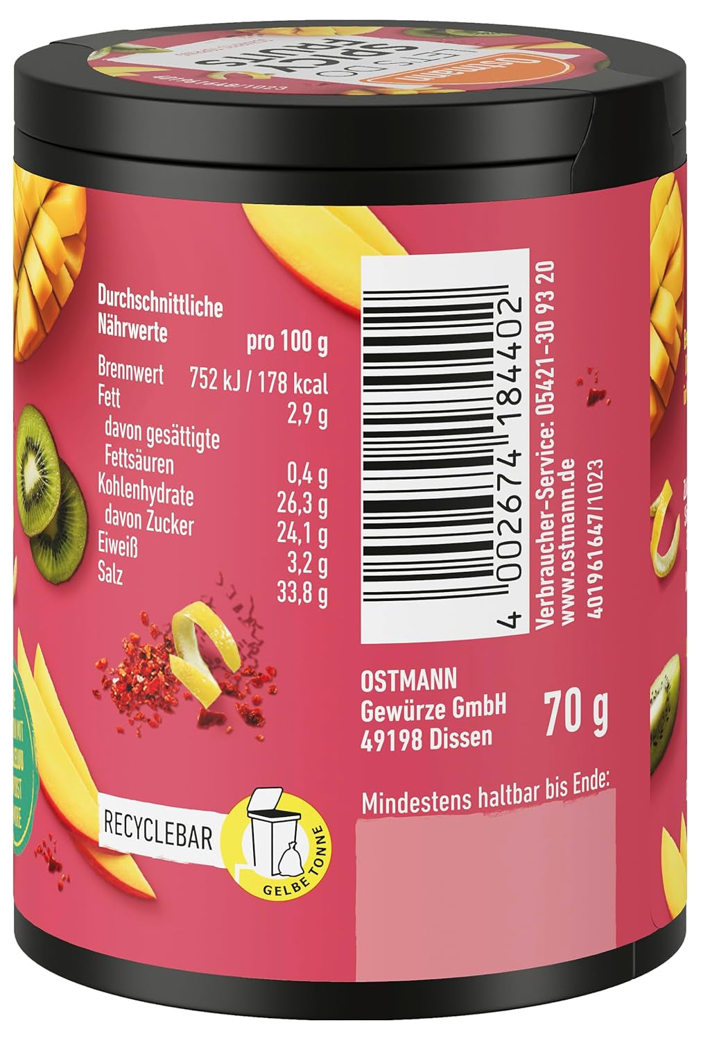 Ostmann Gewürze - Zróbmy pikantne owoce | Würzmischung für süßes Obst stworzony przez Lalaleluu | scharfes Obst-Topping z Chili i Pfeffer, Lecker auf Apfel lub Mango | 70 g w koszu Metalldose