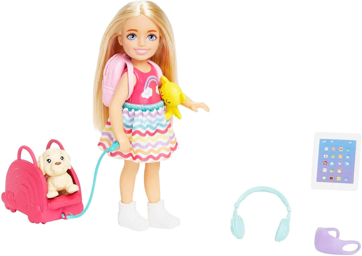 Barbie Chelsea Doll Zabawka i akcesoria Zestaw podróżny z psem i 6 elementami, w tym stojak na psa Lalki HJY17 Naty Shop Zestaw podróżny dla lalek Chelsea