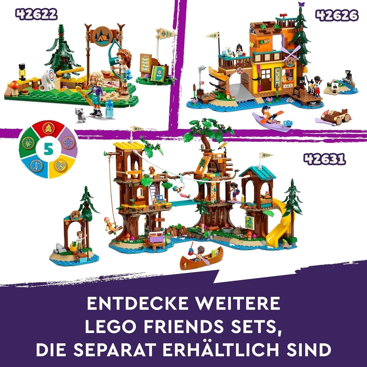 LEGO Friends Domek na drzewie na obozie przygód, zestaw dla dziewcząt i chłopców w wieku 8 lat z 5 figurkami i 5 zwierzętami, pomysł na prezent w postaci kreatywnych gier, zabawki sportowe, domek dla lalek 42631 Zestawy do budowania Kup w sklepie LEGO