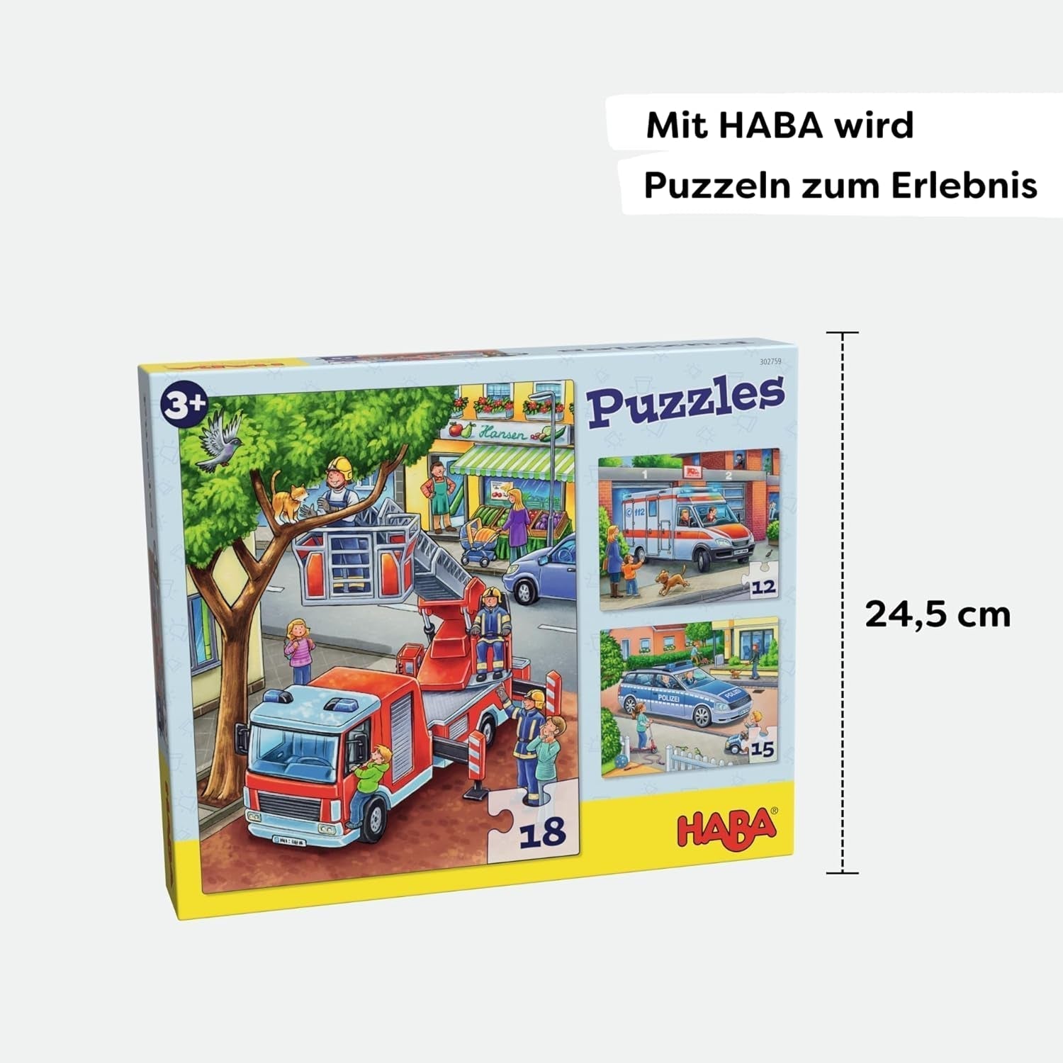 HABA Fire Brigade Puzzle - Set de 3 piese pentru copii cu vârsta de 3 ani și peste, puzzle din carton cu motive de poliție și ambulanță - Promovează abilitățile motorii fine și concentrarea - 1302759001 Puzzle Naty Shop