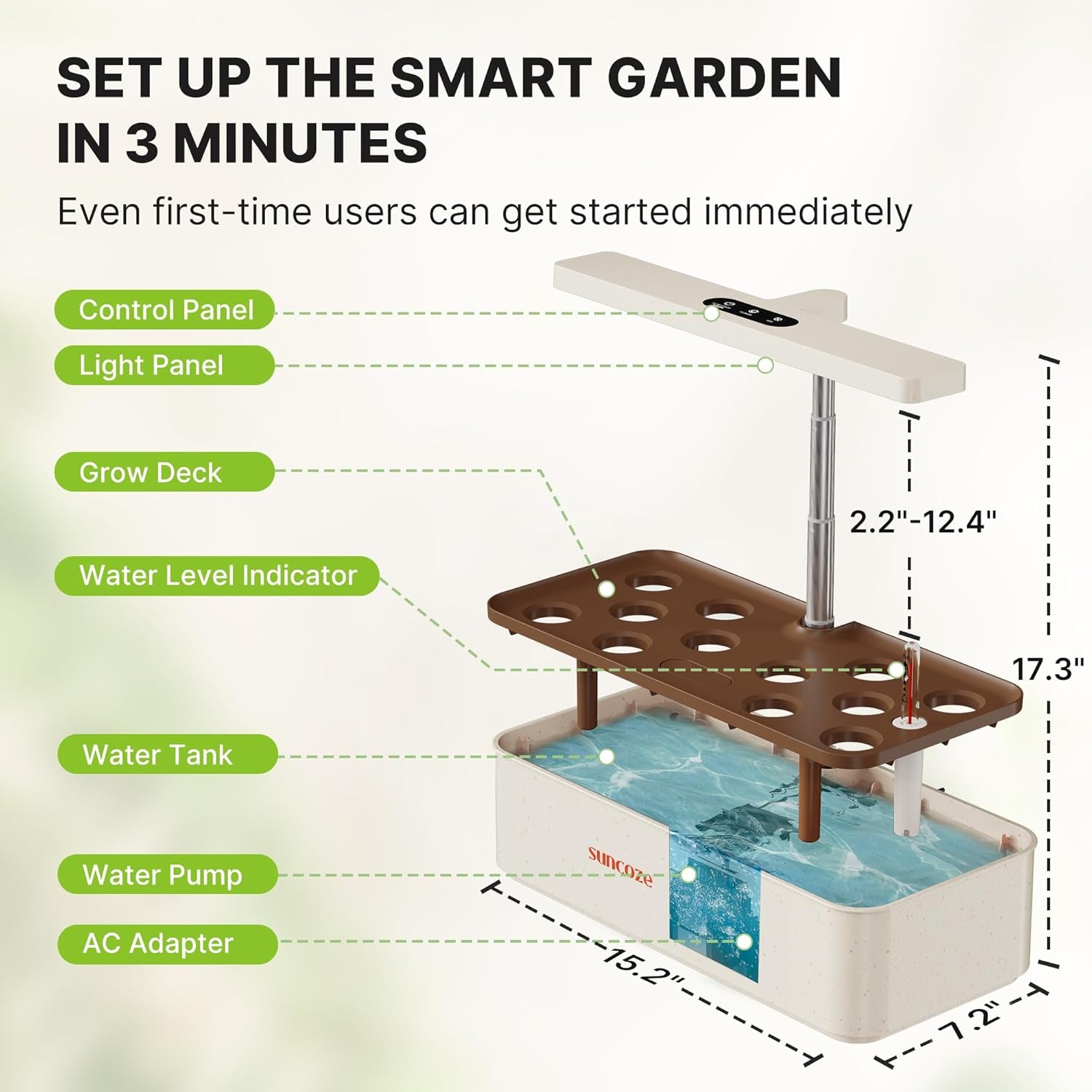 Zestaw do uprawy hydroponicznej z 12 kapsułkami, lampa ogrodowa LED o mocy 24 W, zbiornik na wodę 4 l z cichą pompą, doniczka na zioła z regulacją wysokości, zestaw do ogrodnictwa w pomieszczeniach, prezenty ogrodnicze, beżowy