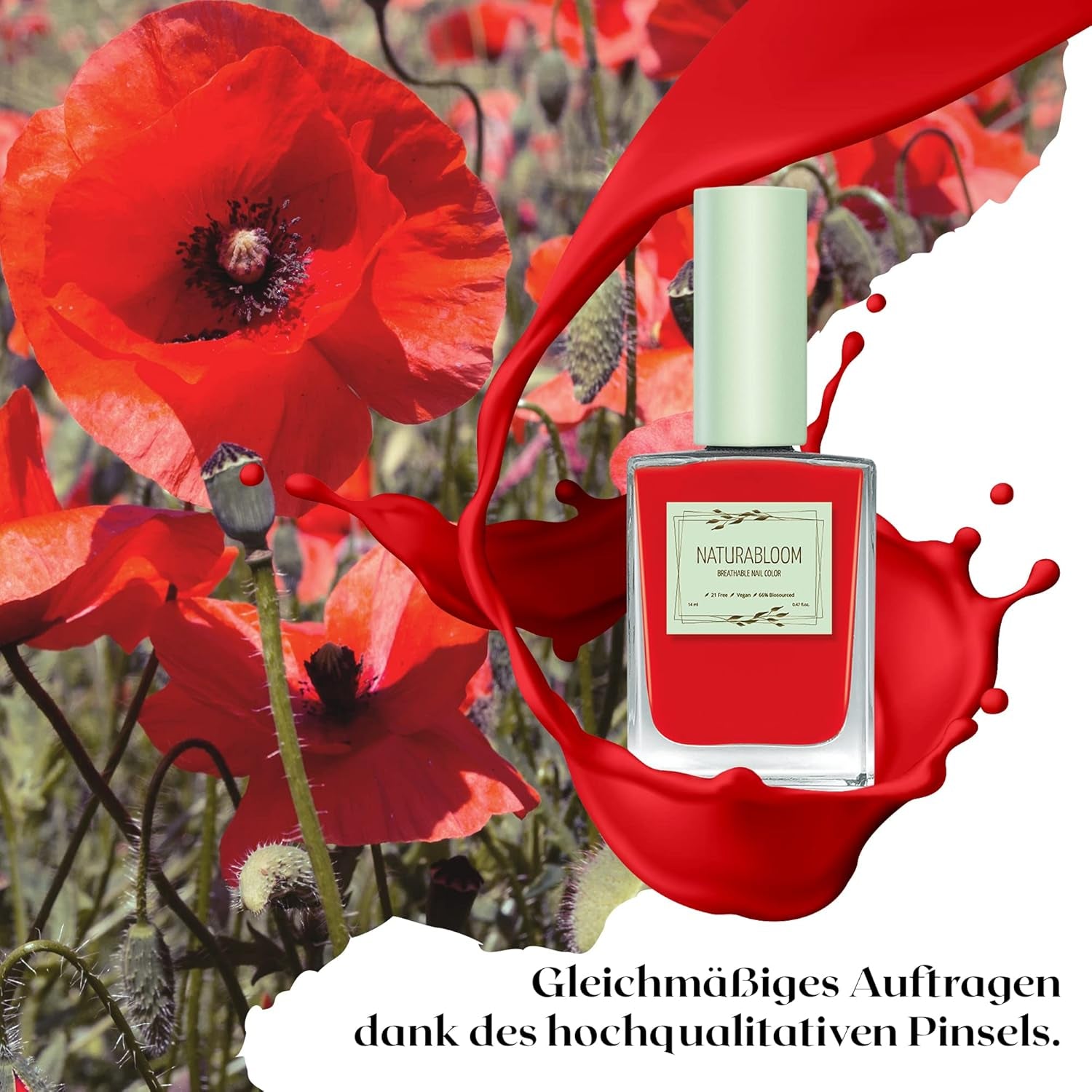 Oja roșie cu uscare rapidă (Poppy Red) - ojă naturală cu formulă vegană - respirabilă, sustenabilă și de lungă durată, 14 ml