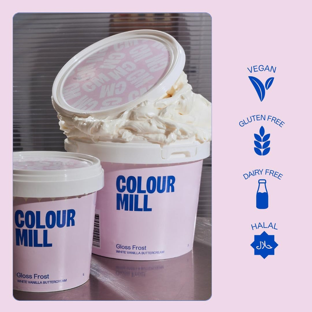 Colour Mill White Buttercream Gloss Frost, Cremă de unt albă în stil meringue elvețian, Vanilie cremoasă, Perfectă pentru glazurare, pipetare și umplere - 1 L Pasta de zahar Naty Shop