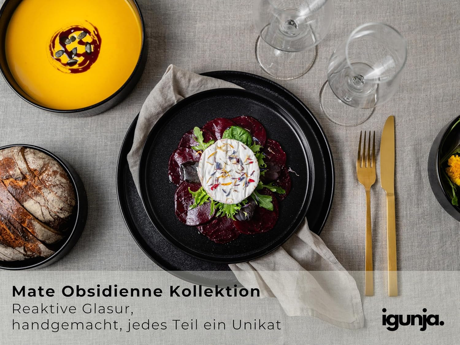 Set de veselă din gresie, set de bol și farfurii negre [12 piese pentru 4 persoane] Set de veselă neagră, 100% lucrat manual, cu glazură reactivă de calitate premium