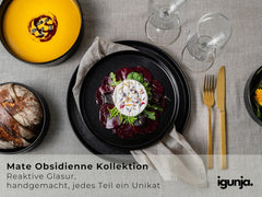 Set de veselă din gresie, set de bol și farfurii negre [12 piese pentru 4 persoane] Set de veselă neagră, 100% lucrat manual, cu glazură reactivă de calitate premium