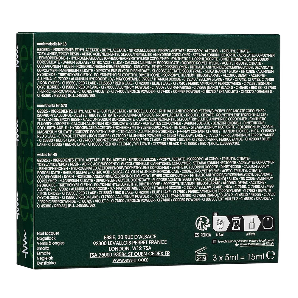 Zestaw Essie Mini Trio XMAS, nr. 13 Mademoiselle + nr. 49 Wicki + nie. 570 Mani Dzięki, 3 x 15 ml