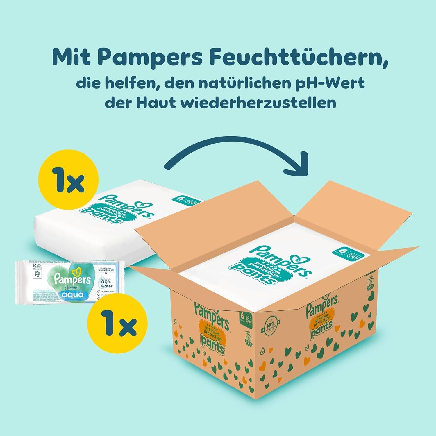 Pampers Premium Protection Pants Größe 6, 78 Windeln, 13kg-19kg, Mit 360° Fitform, 2x breiteren Bundchen als vorher für Komfort & Schutz + 10 Stück Pampers Aqua Baby-Weuchttücher entalten