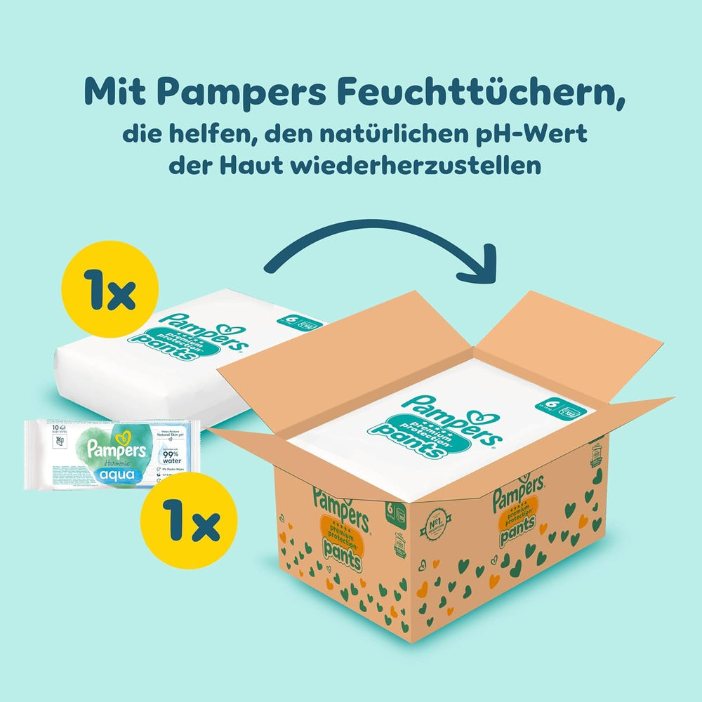 Pampers Premium Protection Pants Größe 6, 78 Windeln, 13kg-19kg, Mit 360° Fitform, 2x breiteren Bundchen als vorher für Komfort & Schutz + 10 Stück Pampers Aqua Baby-Weuchttücher entalten
