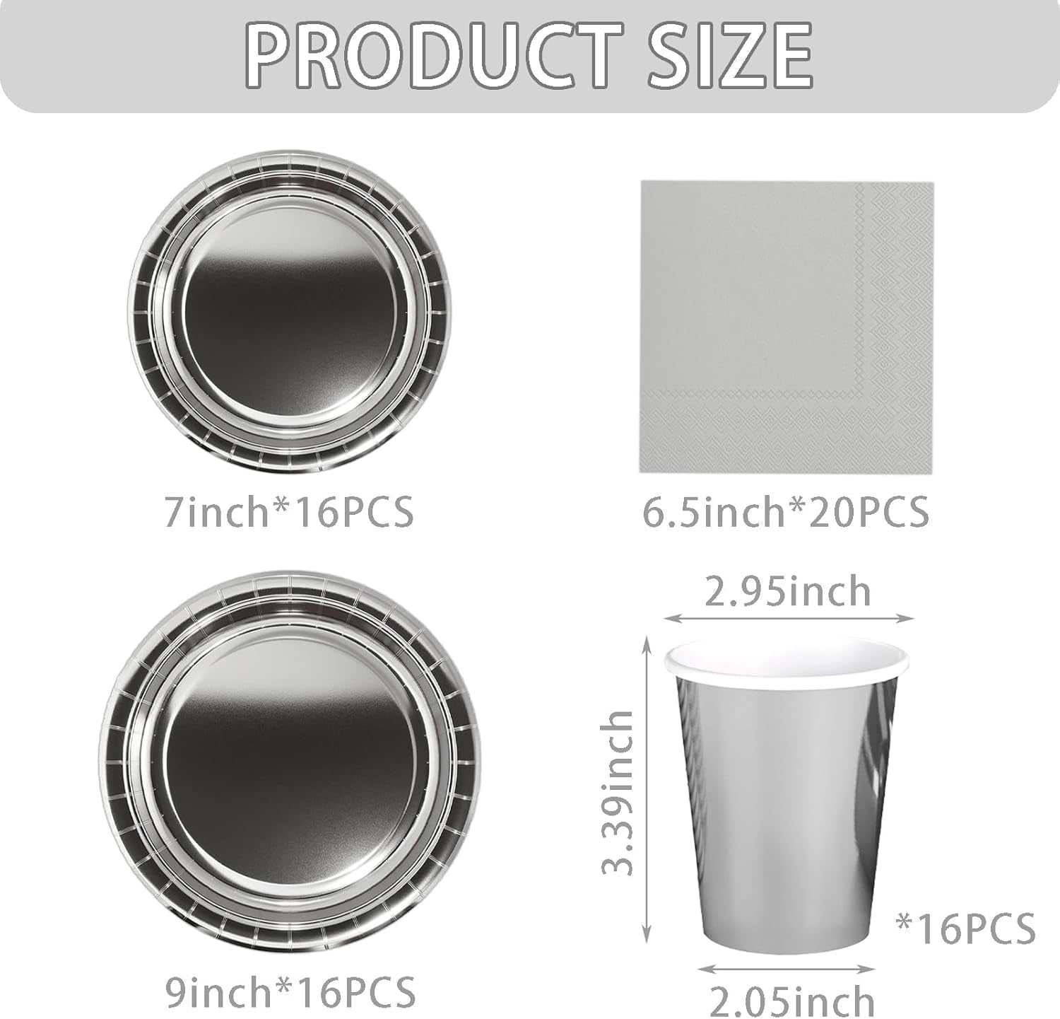 Set de tacâmuri din hârtie argintie, format din 68 de piese, farfurii de hârtie argintii, pahare de hârtie, șervețele, tacâmuri decorative pentru petreceri, zile de naștere, nunți, Revelion, absolviri, articole pentru petreceri