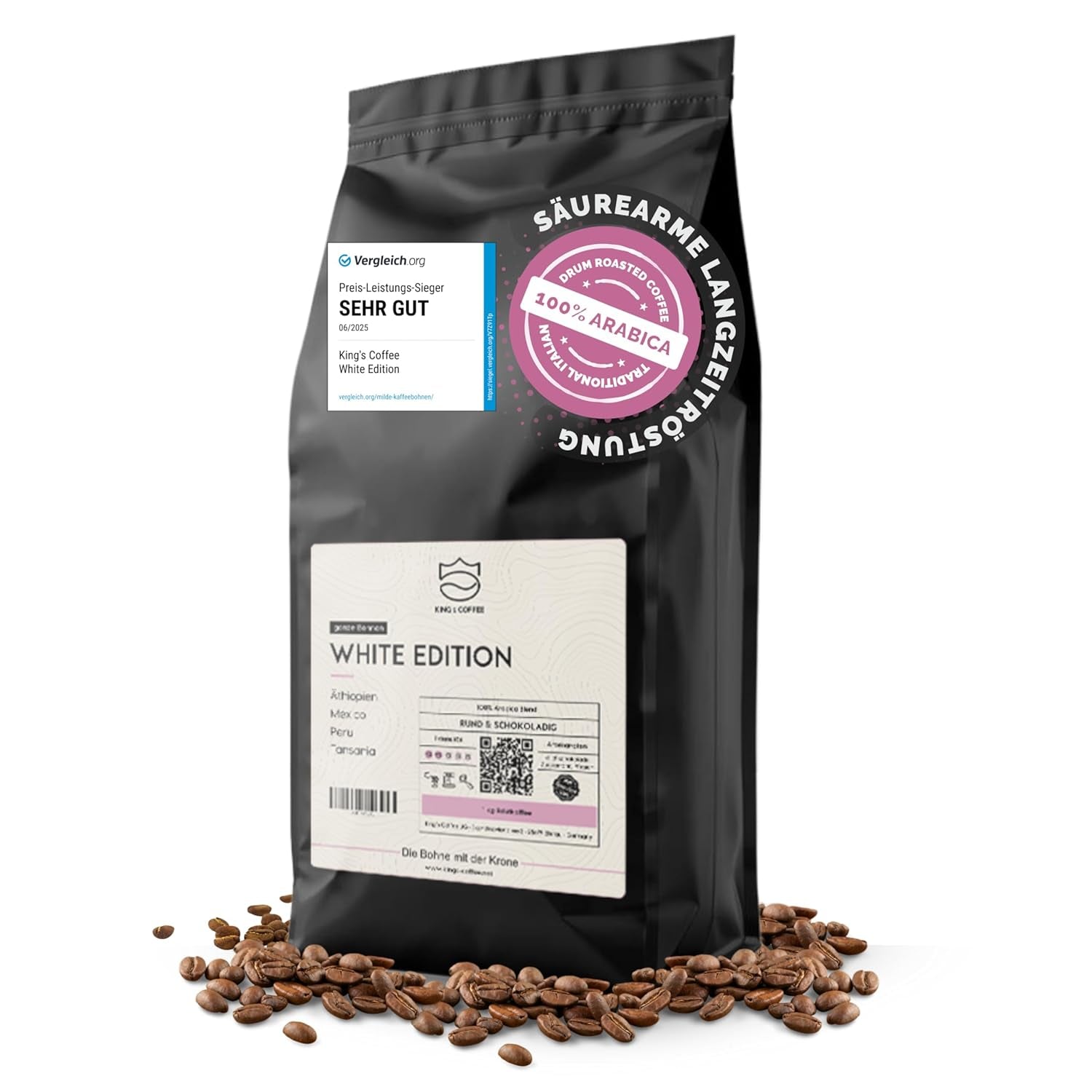 KING'S COFFEE - EDIȚIE ALBĂ - amestec ușor 100% Arabica din Etiopia, Mexic, Peru și Tanzania - prăjire în loturi mici în Italia - boabe de espresso întregi pentru aparate portafilter - 1 kg