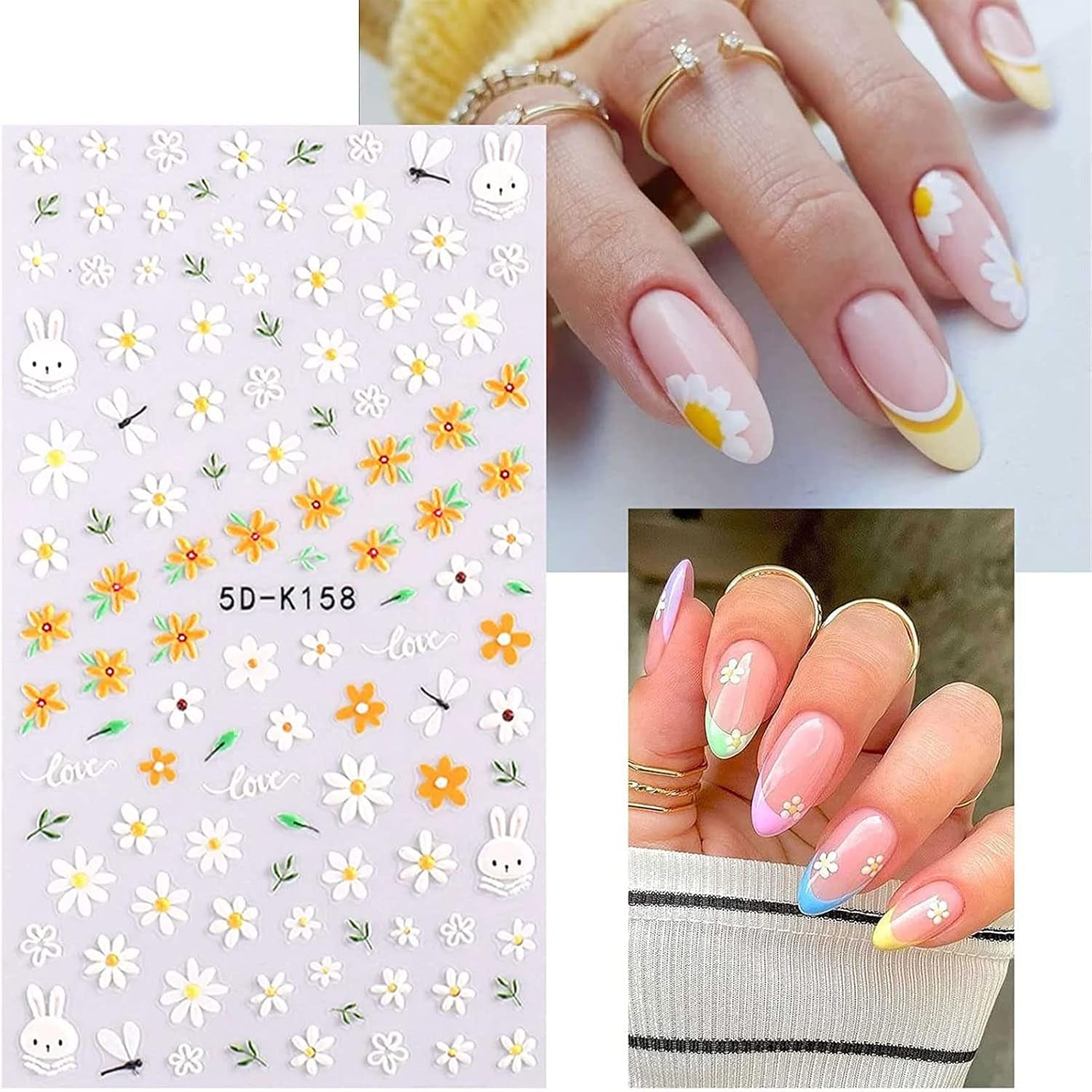 JMEOWIO 3D Nagelsticker Blume Frühlings Nail Art Sticker Selbstklebend Nagelaufkleber 5D Stereoskopisch Sommer Bunter Blumen Dekoration Nageldesign Zubehör 4 Blatt