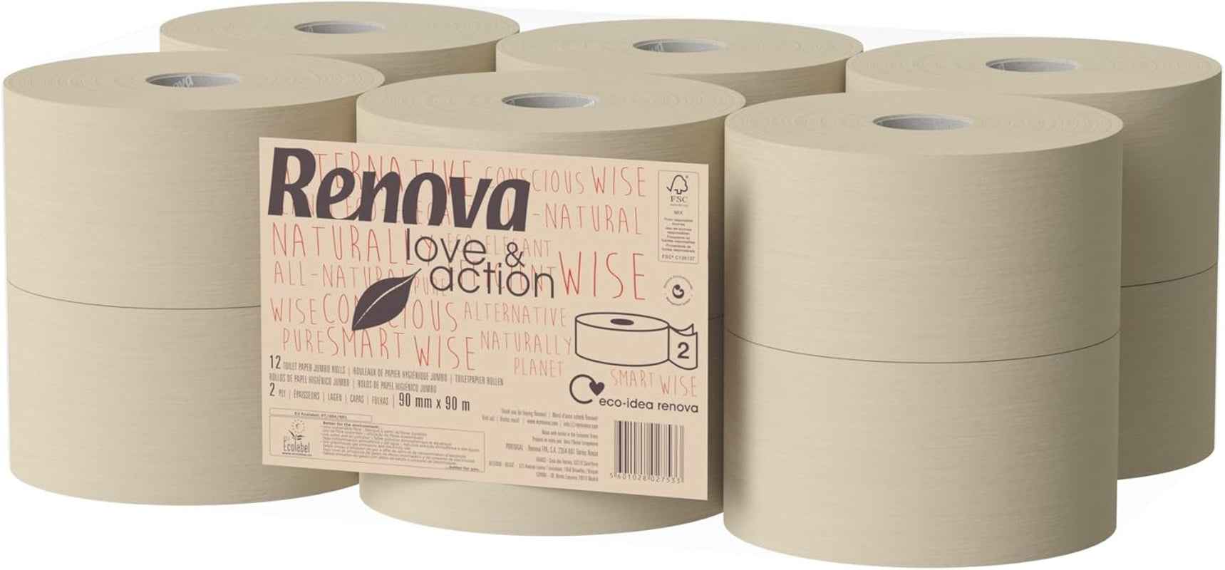 Hârtie igienică Renova Jumbo Love&Action, 12 role premium, 90 M, hârtie kraft, 2 straturi, certificată FSC & Ecolabel