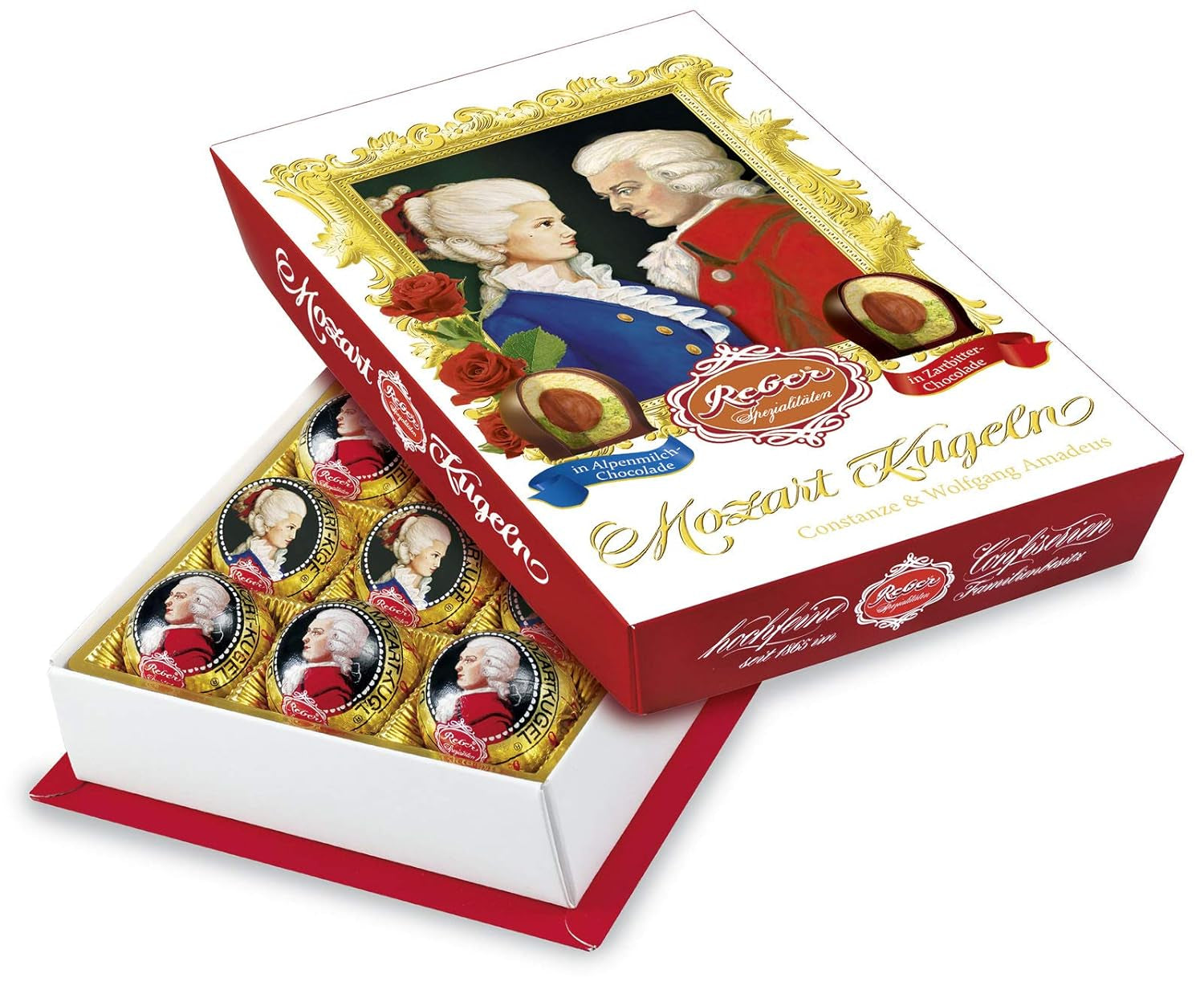 Kulki Reber Mozart z gorzką czekoladą, opakowanie 6 szt. z marcepanem i nugatem, wegańskie - 1 x 120 g