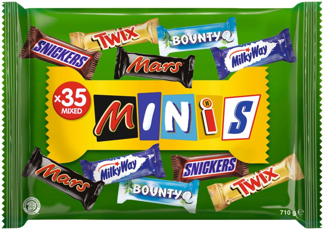Mini opakowanie zbiorcze mieszanej czekolady, czekolada, 35 mini czekoladowych przekąsek (Mars, Snickers, Bounty, Twix, Milky Way) jako słodycze, prezent czekoladowy, pudełko cukierków (710 g)