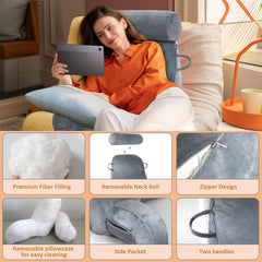 Pernă de citit XL pentru pat și canapea cu rolă detașabilă pentru gât, pernă ideală pentru spate pentru adulți cu spumă cu memorie pentru citit confortabil, lucru, joacă, vizionat la televizor, relaxare (gri)