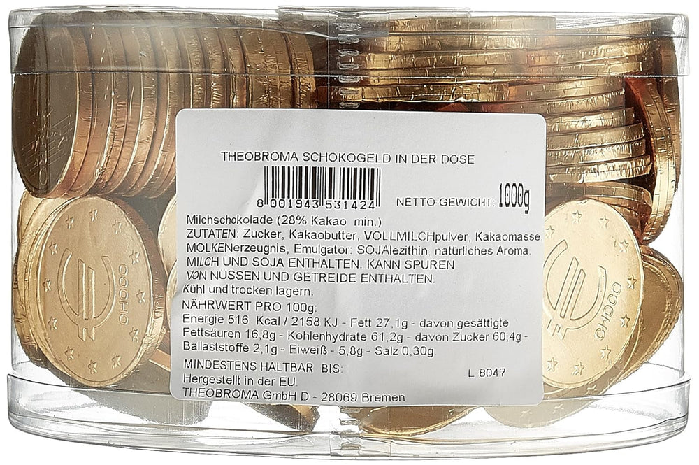Theobroma Goldgeld Schokoladen Euros, Lose Münzen in Der Dose, opakowanie 1Er (1 X 1 Kg) Naty Shop
