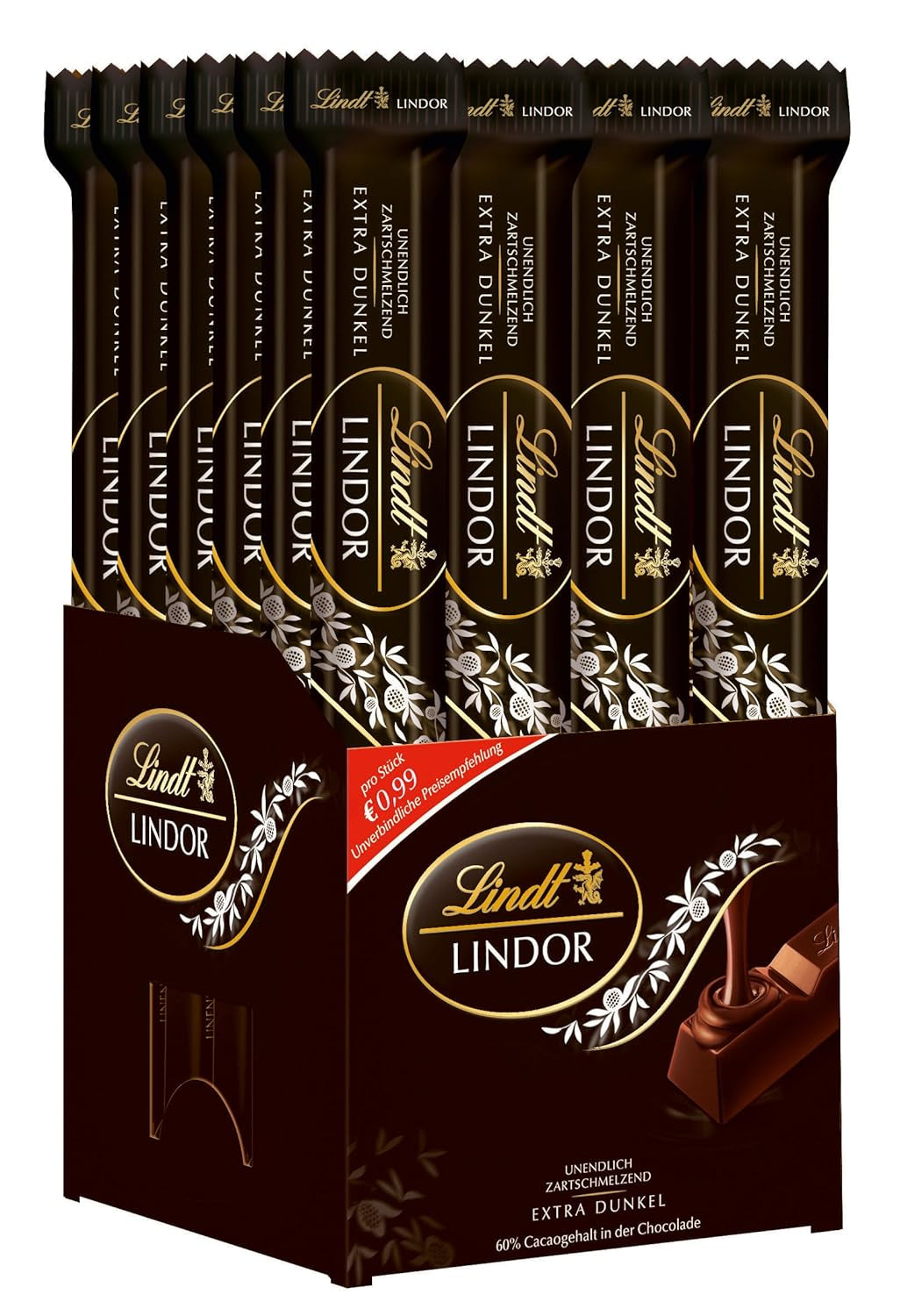 Lindt Czekoladowe Paluszki Ciemnej Czekolady LINDOR | 24 tabliczki czekolady x 37g | Z gładkim, rozpływającym się w ustach nadzieniem z ciemnej czekolady z zawartością 60% kakao | Prezent czekoladowy | Prezent czekoladowy | Opakowanie zbiorcze