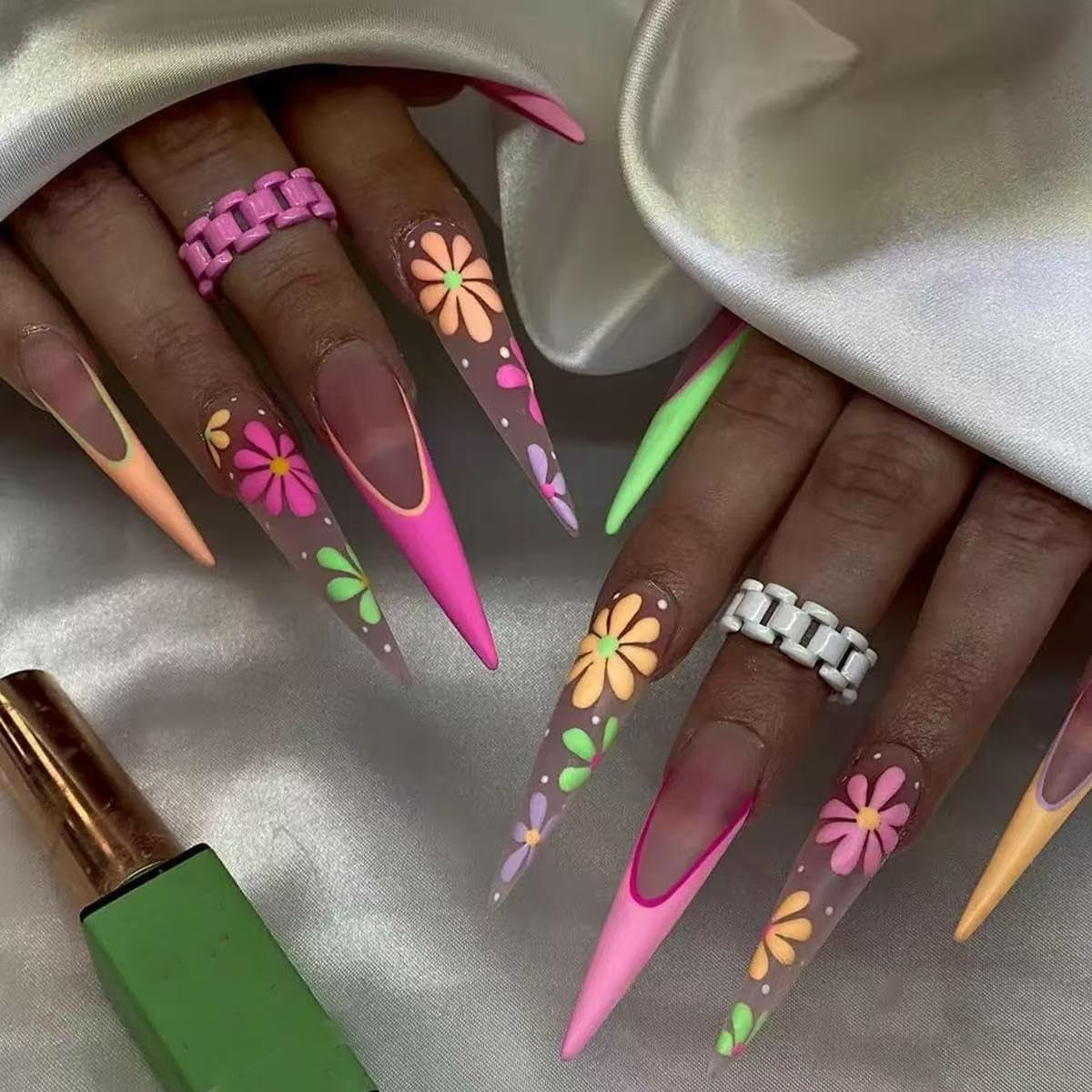 Mouyouglow Unghii lungi, Stiletto, alb lăptos, gradient roz, sclipici, cool, unghii false cu lipici, unghii artificiale roz Ombre sclipici