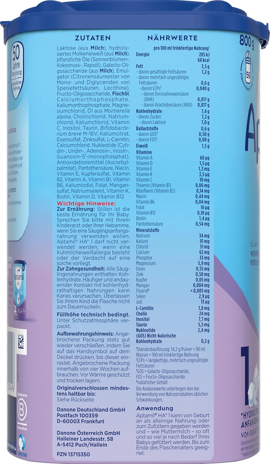 Aptamil HA 1 - Mieszanka dla niemowląt od urodzenia, z DHA, bez laktozy, bez oleju palmowego, żywność dla niemowląt, mleko w proszku, 1 x 800 g