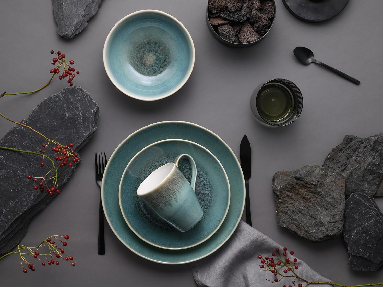 Creatable, seria Caldera, set de veselă din gresie, potrivit pentru mașina de spălat vase și cuptorul cu microunde, producție de calitate (set combinat verde, format din 8 piese)