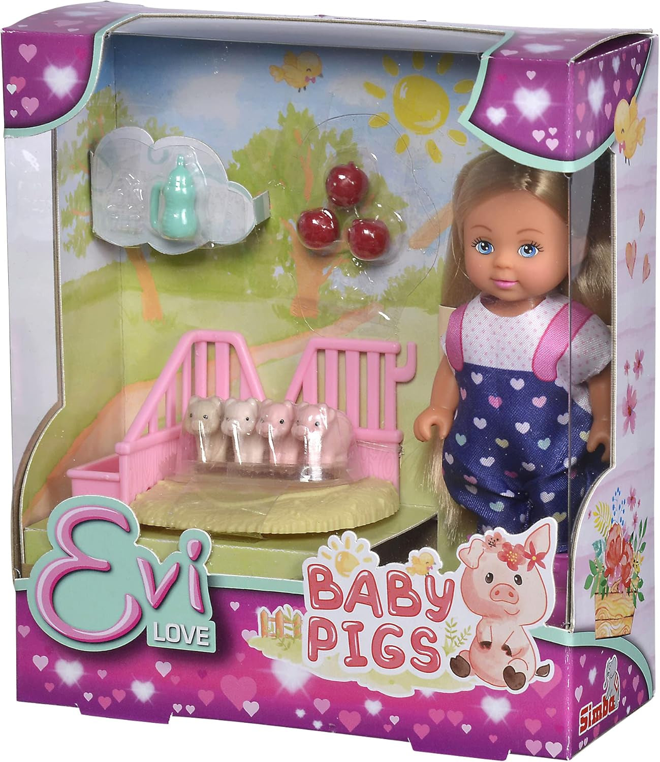 Simba 105733598 - Evi Love Baby Pigs, Puppe mit süßer Latzhose und Vier Babyschweinen, mit Ępfel, Trinkflasche und Gehege, 12cm Spielpuppe, ab 3 Jahren