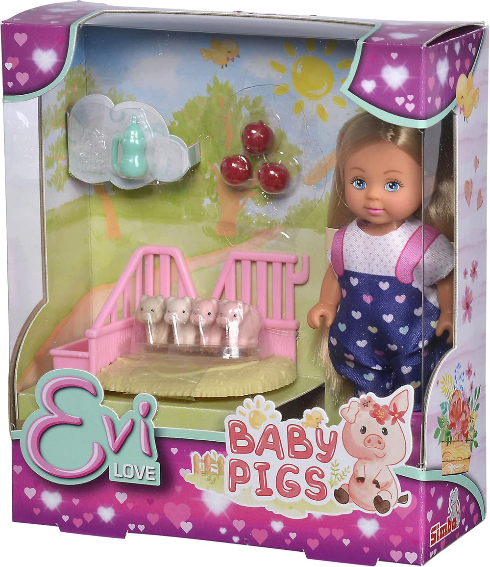 Simba 105733598 - Evi Love Baby Pigs, Puppe mit süßer Latzhose und Vier Babyschweinen, mit Ępfel, Trinkflasche und Gehege, 12cm Spielpuppe, ab 3 Jahren