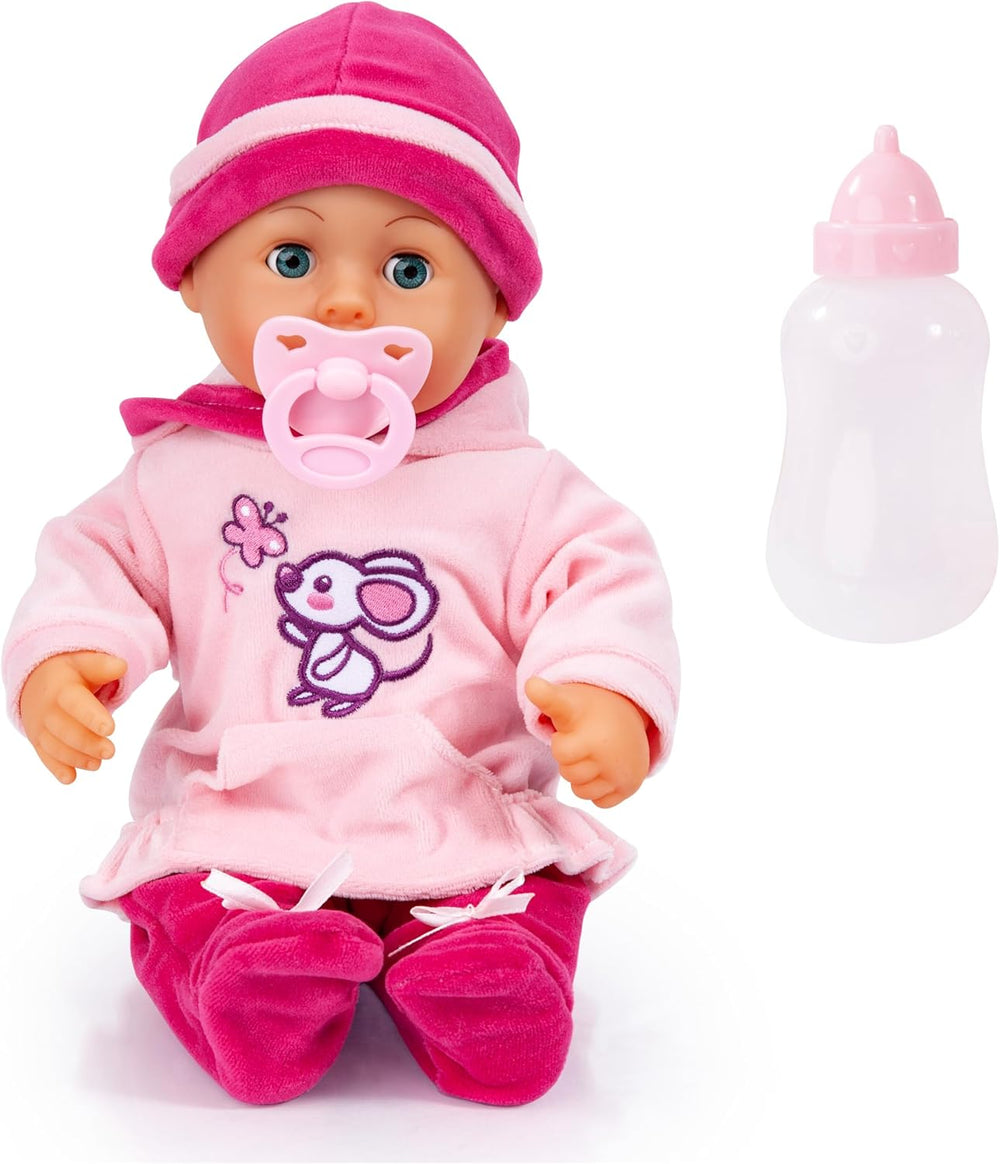 Bayer Design 93800-różowy 93825AA Babypuppe First Words, Schlafaugen, spricht 24 Babylaute, weicher Körper, mit Schnuller und Flasche, 38 cm, różowy