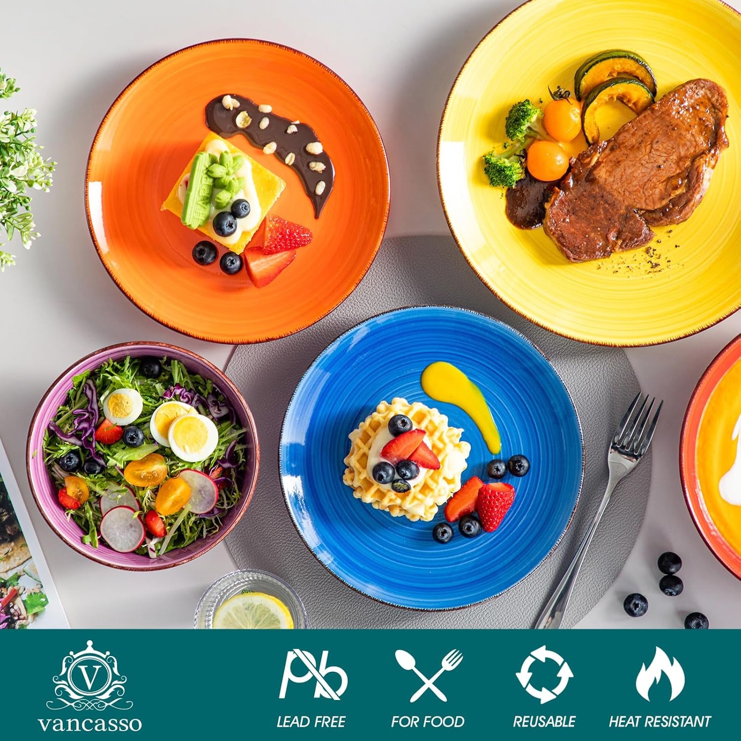 Set de veselă pentru 6 persoane, set de veselă din gresie Vancasso Bonita cu 24 de piese, set de veselă modern combinat cu 6 farfurii de cină, 6 farfurii de salată, 6 farfurii de supă și 6 boluri