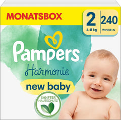 Pieluszki dla niemowląt Pampers, rozmiar 2 (4-8 kg), Harmony, pudełko Half Moon, delikatna ochrona skóry i składniki ziołowe, 240 sztuk