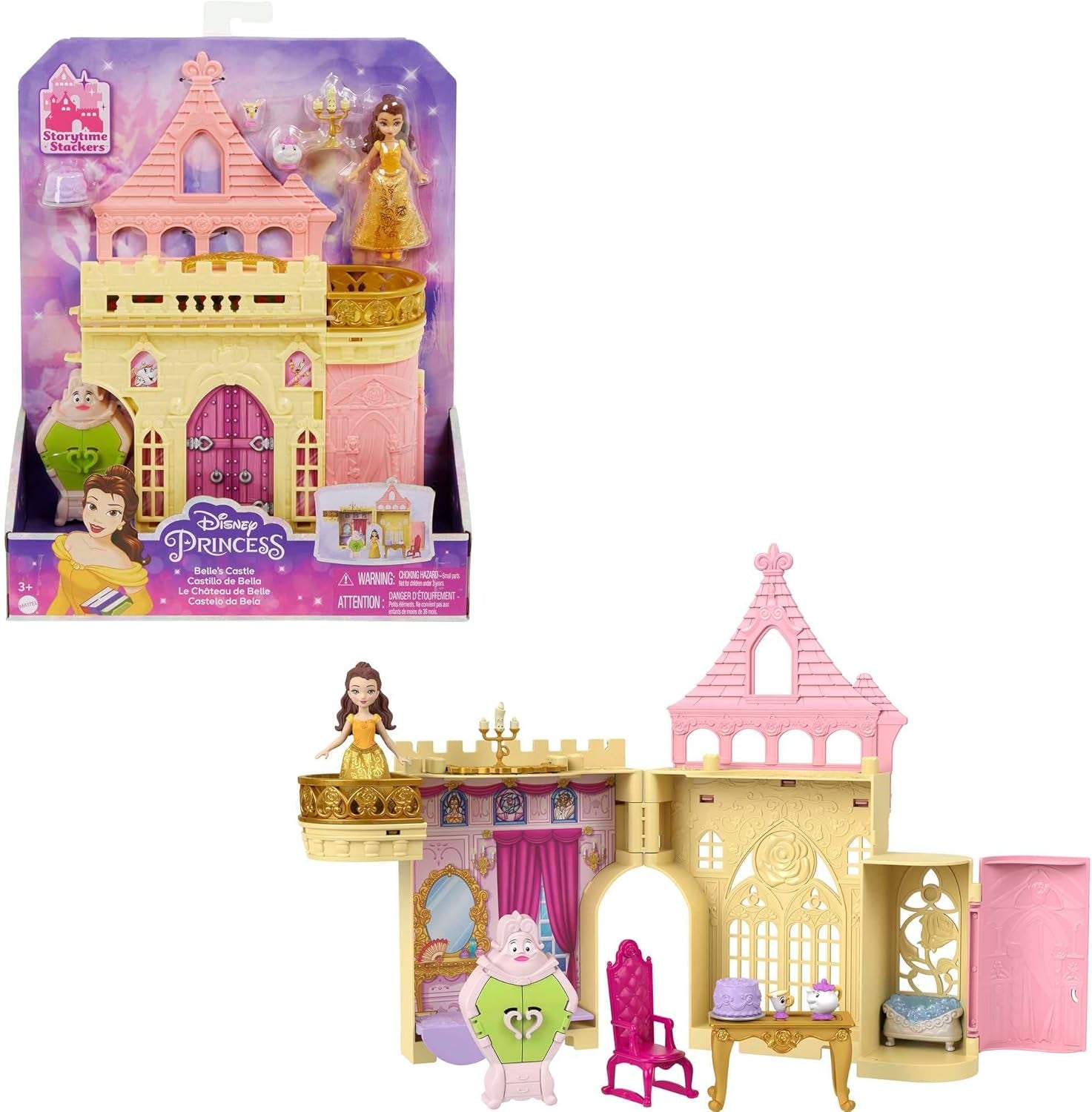 Mattel Disney Princess Transforming Playset Carriage to Castle With Little Aurora Doll, 3 nivele, 6 zone de joc, 4 figuri, mobilier și accesorii HWX17 Papusi Naty Shop Set de joacă Belle