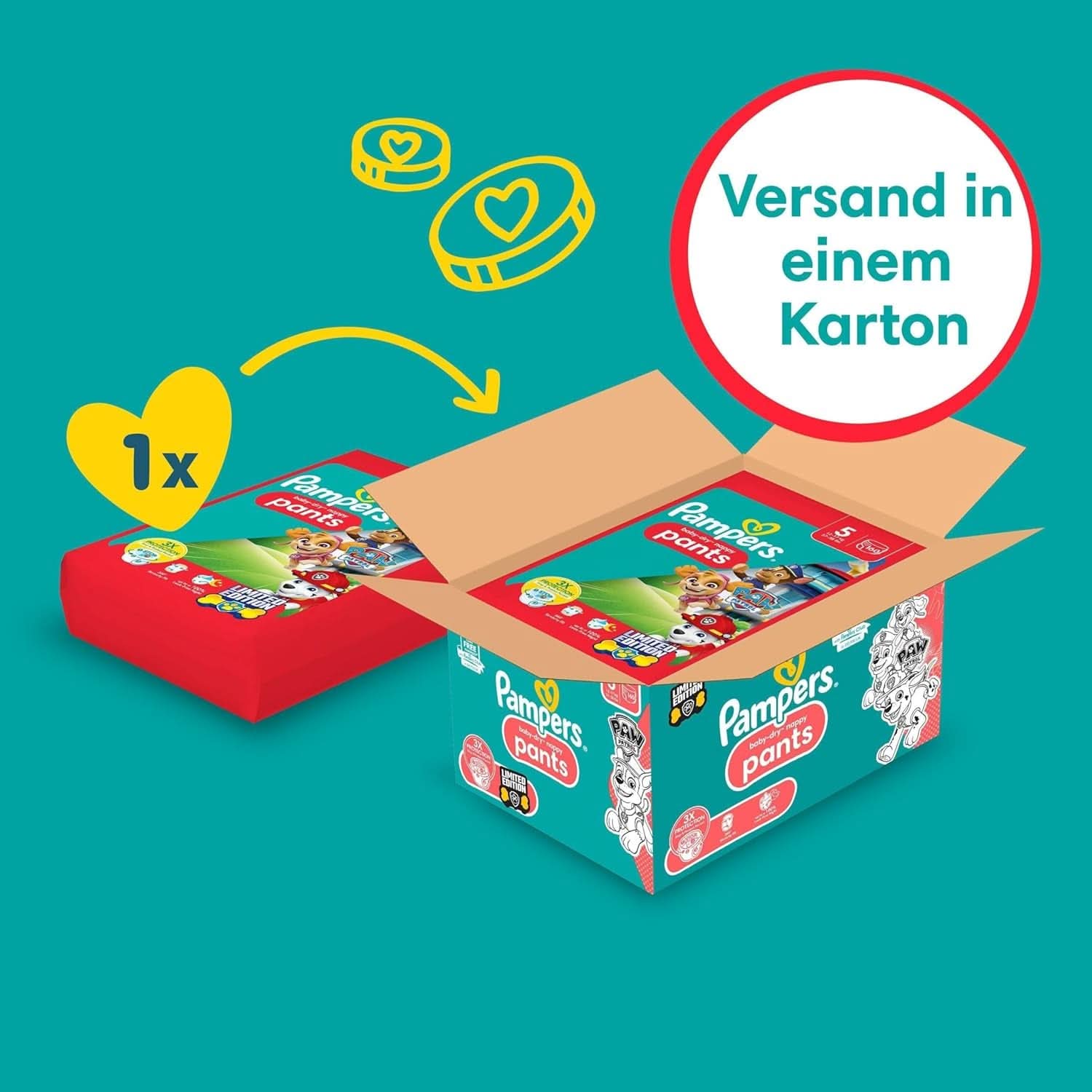 Pieluszki Pampers Paw Patrol Spodnie rozm. 5 (12-17Kg) Baby-Dry, Junior z kieszenią Stop and Protect, BOX MIESIĘCZNY, 160 pieluszek Naty Shop