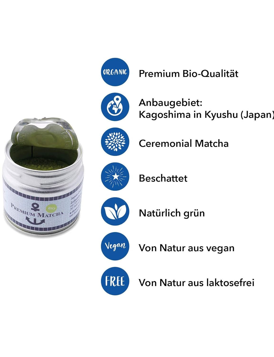 Matcha bio premium din Japonia, calitate ceremonială, fără pesticide, pulbere extrafină în cutie de 30 g, aromă intensă și delicată de ceai verde, potrivită pentru latte, smoothie, calitate ceremonială